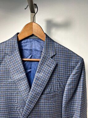 NWT WALTER MORTON 40-42R Blue/Brown Grid Pattern 2 Btn 100% Worsted Wool Blazer